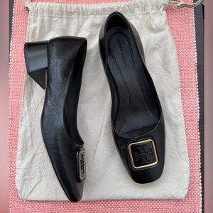 Tory Burch Black Leather Block Heel Pumps with Gold Double-T Logo Plaque